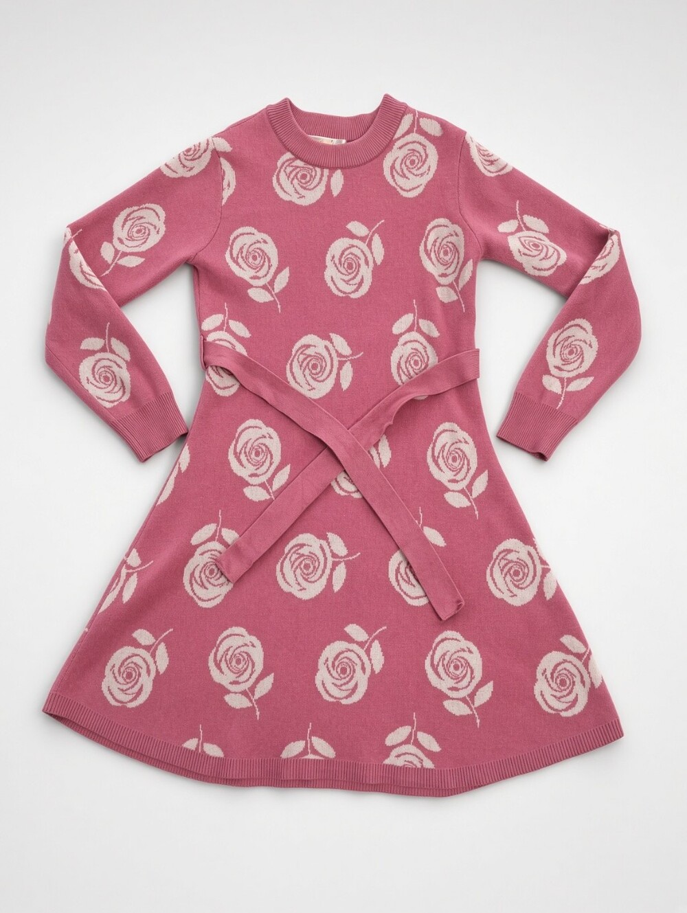 Sweet Stories Girls 10 Pink Rose Knit Sweater Dress Belted